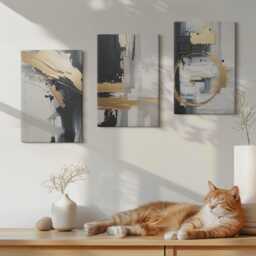 Canvas Set Of 3 Wall Art - Painting Compositions in Black & White, Gray Art, Abstract Hanging Piece - thumbnail 3