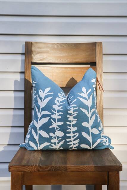 Blue Pillow Cover Eucalyptus Print Linen Botanical Mid Century Modern Home Decor Mod Hand Printed - image 1