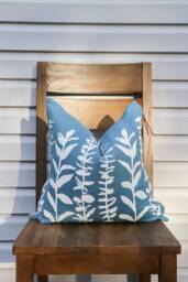 Blue Pillow Cover Eucalyptus Print Linen Botanical Mid Century Modern Home Decor Mod Hand Printed - thumbnail 1
