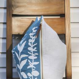 Blue Pillow Cover Eucalyptus Print Linen Botanical Mid Century Modern Home Decor Mod Hand Printed - thumbnail 3