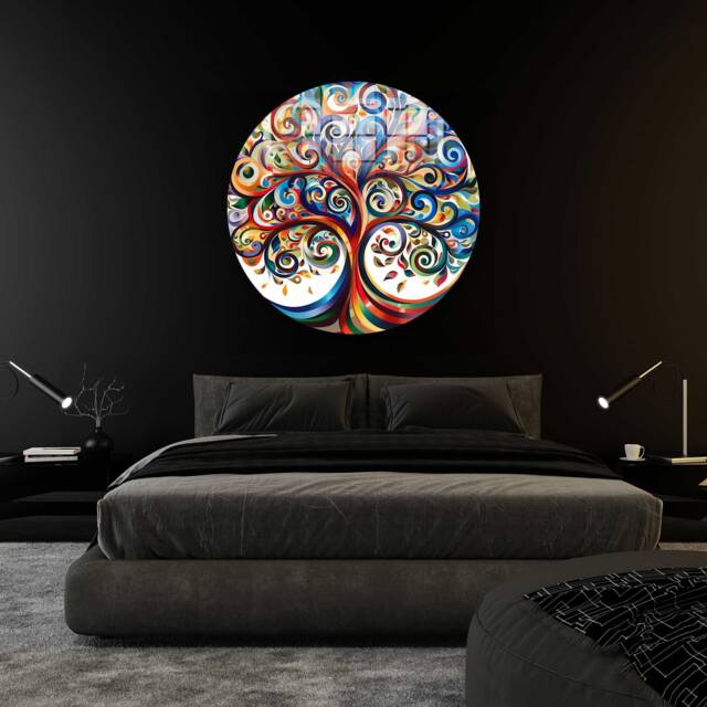 Tree Of Life Round Shape Glass Wall Art - Tempered Canvas Art, Design, Durable, Modern, Classy Panel, Multicolor - image 1