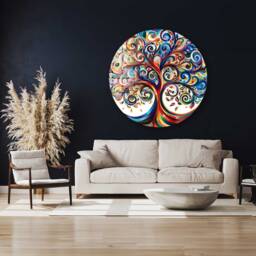 Tree Of Life Round Shape Glass Wall Art - Tempered Canvas Art, Design, Durable, Modern, Classy Panel, Multicolor - thumbnail 2