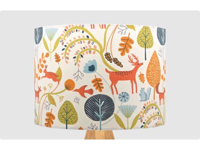 Handmade Lampshade Orange Woodland Animals Fabric Drum, Deer Rabbit Nursery Light Shade For Table/Floor Lamp Or Ceiling Pendant - image 1