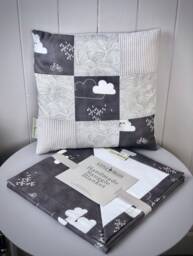 Handmade Baby Grey Cloud Unisex Swaddle Blanket Wrap & Matching Patchwork Nursery Cushion Newborn Gift Set - thumbnail 1