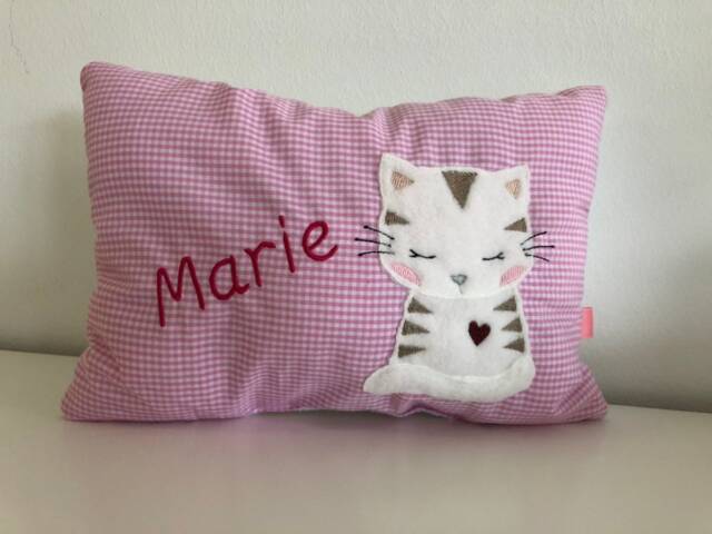 Personalized Pillow With Cat 30 X 20 cm Gift For Birth Baptism Pink Checkered - image 1