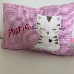 Personalized Pillow With Cat 30 X 20 cm Gift For Birth Baptism Pink Checkered - thumbnail 2