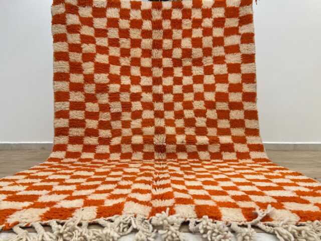 Orange Checkered Morrocan Rug , Wool Moroccan Handmade Rugs For Living Room, Berber Area Rug, 5x8 Aboujaad - image 1