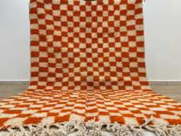 Orange Checkered Morrocan Rug , Wool Moroccan Handmade Rugs For Living Room, Berber Area Rug, 5x8 Aboujaad