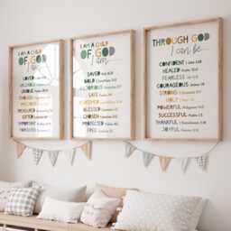 Set Of 3 Christian Bible Affirmations For Kids, Sunday School Kids Room Wall Art, Child God Print, Nursery Decor, Verse Prints - thumbnail 1