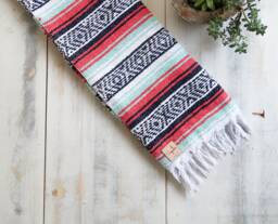 Teal Pink Salmon Colorful Handmade Mexican Blanket Throw Beach Camping Yoga Serape Saltillo Southwest Decor