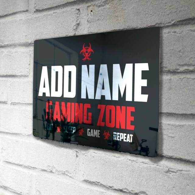 Personalised Metal Mirror Red Gamer Sign - Customised Printed Wall Art Plaque Gaming Zone Caution - image 1