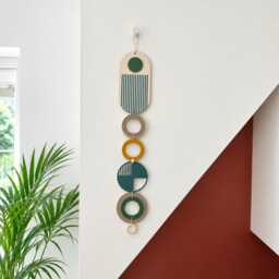 Teal Geometric Wall Art Modern Wood Tapestry, Slimline Decor - thumbnail 1
