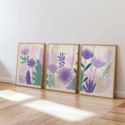 Scandinavian Floral Wall Art Set Of 3, Abstract Botanical Poster Prints, Purple & Teal Flower For Modern Home Decor - thumbnail 1