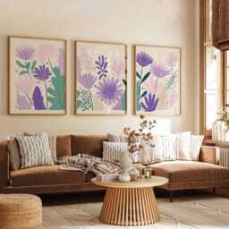 Scandinavian Floral Wall Art Set Of 3, Abstract Botanical Poster Prints, Purple & Teal Flower For Modern Home Decor - thumbnail 3