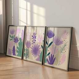 Scandinavian Floral Wall Art Set Of 3, Abstract Botanical Poster Prints, Purple & Teal Flower For Modern Home Decor - thumbnail 2