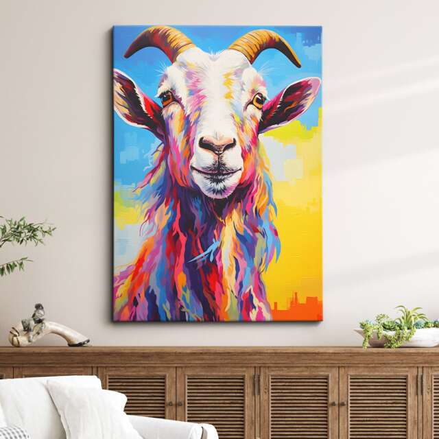 Colorful Goat Animal Abstract Oil Painting Splatter Style Wall Art, Framed Canvas Poster Print, Home Kitchen Office Room Decor Gifts - image 1