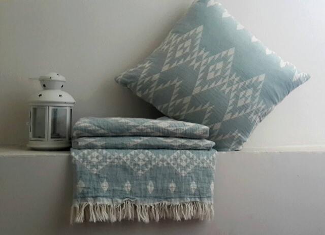Boho Cotton Throw & Sham Set - Aztec Pastel Teal Stonewashed Blanket - image 1