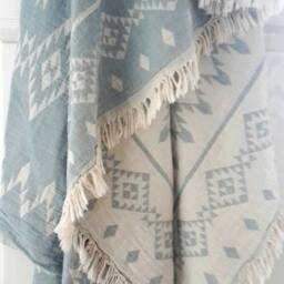 Boho Cotton Throw & Sham Set - Aztec Pastel Teal Stonewashed Blanket - thumbnail 2