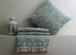 Boho Cotton Throw & Sham Set - Aztec Pastel Teal Stonewashed Blanket - thumbnail 1