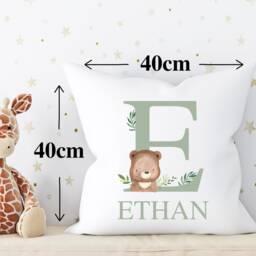 Boys Bear Bedroom Decor, Sage Green Nursery Woodland Bedroom, Baby Gift Decorative Pillow, Personalised Cushion - thumbnail 2