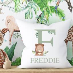 Boys Bear Bedroom Decor, Sage Green Nursery Woodland Bedroom, Baby Gift Decorative Pillow, Personalised Cushion - thumbnail 3