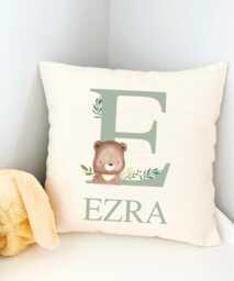 Boys Bear Bedroom Decor, Sage Green Nursery Woodland Bedroom, Baby Gift Decorative Pillow, Personalised Cushion - thumbnail 1