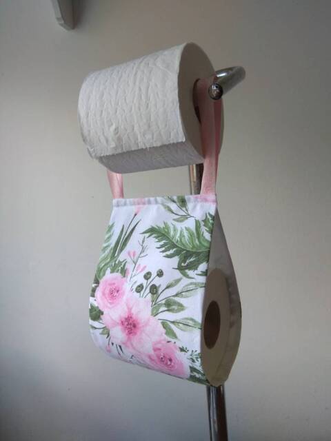 Fabric Tissue Holder Storage, Toilet Roll Holder, Guest Wc, Pink Flowers Decor, Small Bath Furniture - image 1