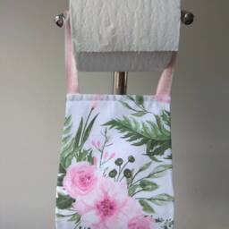 Fabric Tissue Holder Storage, Toilet Roll Holder, Guest Wc, Pink Flowers Decor, Small Bath Furniture - thumbnail 3