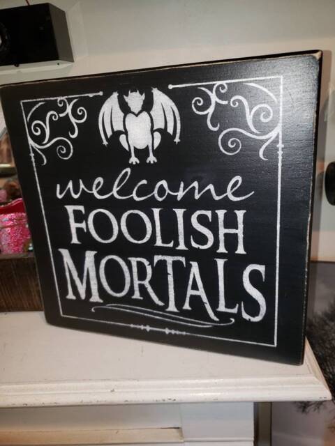 Foolish Mortals Sign Halloween Distressed Wood Rustic Gargoyle Fall Decor Scary Decoration Welcome Wall Hanging - image 1