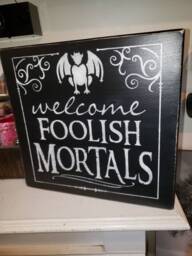 Foolish Mortals Sign Halloween Distressed Wood Rustic Gargoyle Fall Decor Scary Decoration Welcome Wall Hanging - thumbnail 1