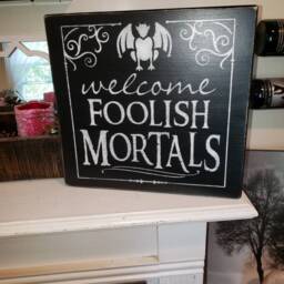 Foolish Mortals Sign Halloween Distressed Wood Rustic Gargoyle Fall Decor Scary Decoration Welcome Wall Hanging - thumbnail 2