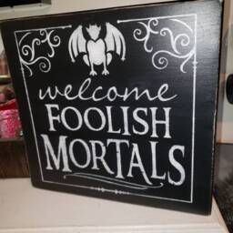 Foolish Mortals Sign Halloween Distressed Wood Rustic Gargoyle Fall Decor Scary Decoration Welcome Wall Hanging - thumbnail 3