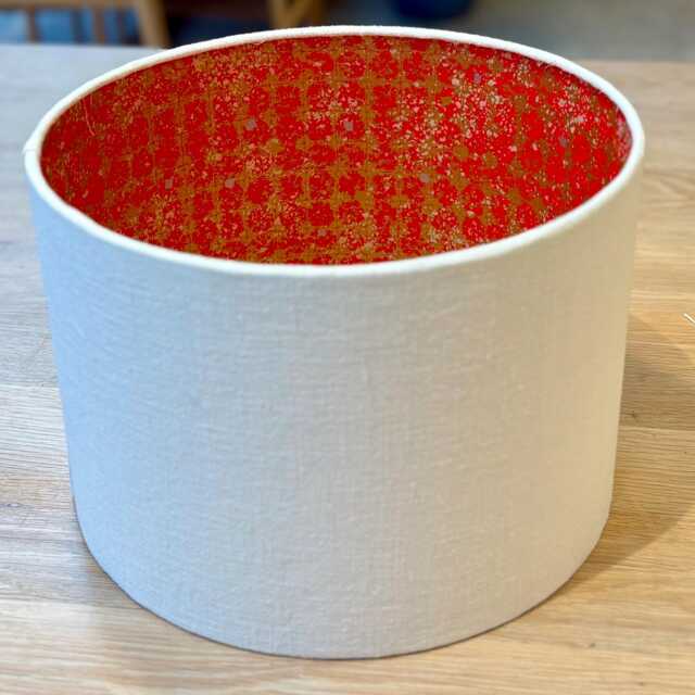 Luxury Lampshade Using Beautiful Japanese Chirugami - Yuzen Paper White Cream Linen Exterior Red Gold Interior - image 1