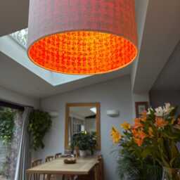 Luxury Lampshade Using Beautiful Japanese Chirugami - Yuzen Paper White Cream Linen Exterior Red Gold Interior - thumbnail 3