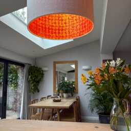 Luxury Lampshade Using Beautiful Japanese Chirugami - Yuzen Paper White Cream Linen Exterior Red Gold Interior - thumbnail 4