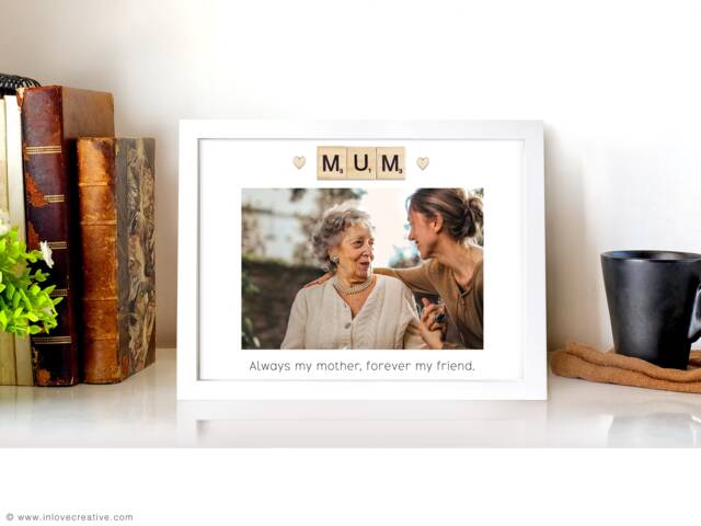 Mother's Day Scrabble Personalised Photo Frame Real Wood, Glass Picture Frame. Print, Custom Message. Family Gift - image 1