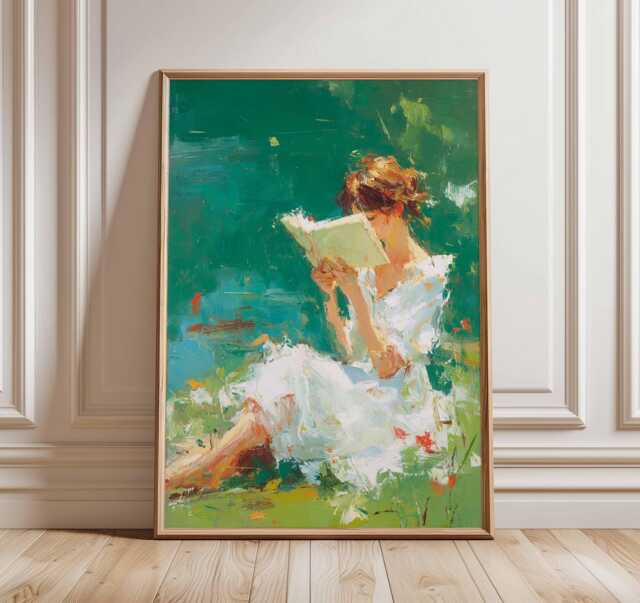 Impressionist Woman Reading Art Print - Peaceful Garden Scene Serene Female Portrait Book Lover Gift - image 1