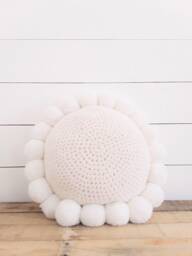 Round Knitted Cushion With White Pompoms - Stockholm - thumbnail 1