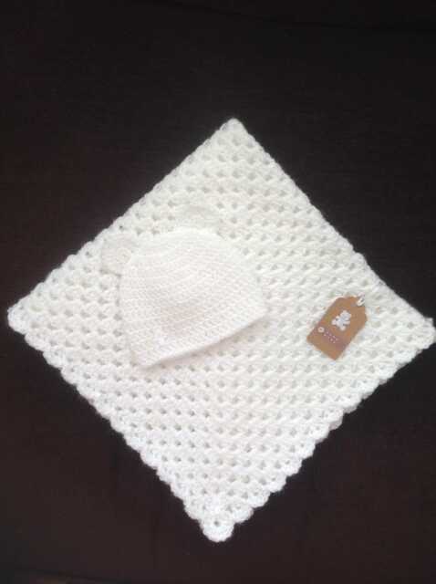 Handmade Crochet White Baby Blanket Set Granny Square Blanket New Baby Gift/Christening Present Hand Knitted Shawl - image 1