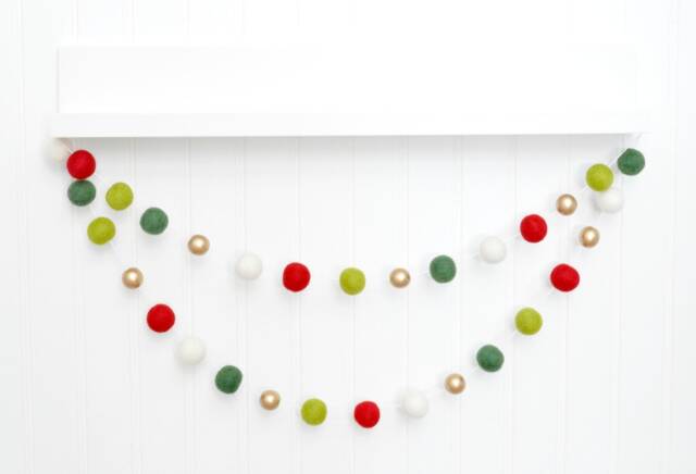 Christmas Garland Red, Green, & White Wool Felt Balls With Gold Beads - image 1