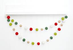 Christmas Garland Red, Green, & White Wool Felt Balls With Gold Beads