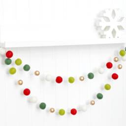 Christmas Garland Red, Green, & White Wool Felt Balls With Gold Beads - thumbnail 3