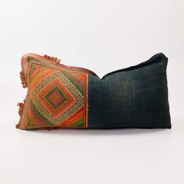 Vintage Hmong Textile Lumbar Pillow, Embroidered Indigo Cushion - image 1