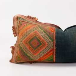 Vintage Hmong Textile Lumbar Pillow, Embroidered Indigo Cushion - thumbnail 2