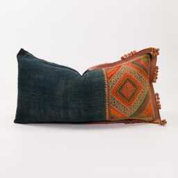 Vintage Hmong Textile Lumbar Pillow, Embroidered Indigo Cushion - thumbnail 3