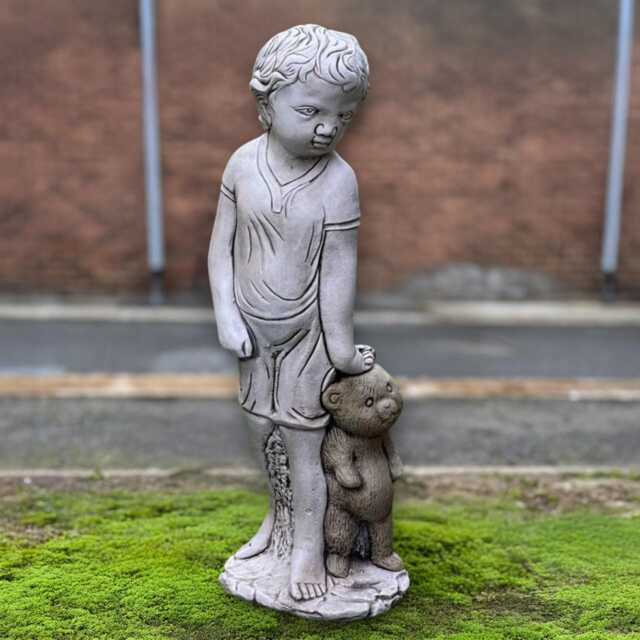 Concrete Boy With Teddy Bear Statue Handmade Figurine Cute Child Sculpture Stone Ornament Outdoor Garden Kids Decor Gift - image 1