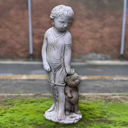 Concrete Boy With Teddy Bear Statue Handmade Figurine Cute Child Sculpture Stone Ornament Outdoor Garden Kids Decor Gift - thumbnail 1