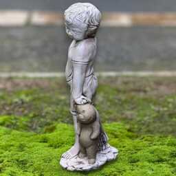 Concrete Boy With Teddy Bear Statue Handmade Figurine Cute Child Sculpture Stone Ornament Outdoor Garden Kids Decor Gift - thumbnail 2