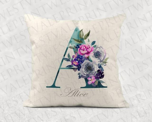 Personalised Initial & Name , Turquoise Floral Linen Cushion . Girls/Mum/Nan Birthday Gift - image 1