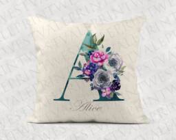 Personalised Initial & Name , Turquoise Floral Linen Cushion . Girls/Mum/Nan Birthday Gift